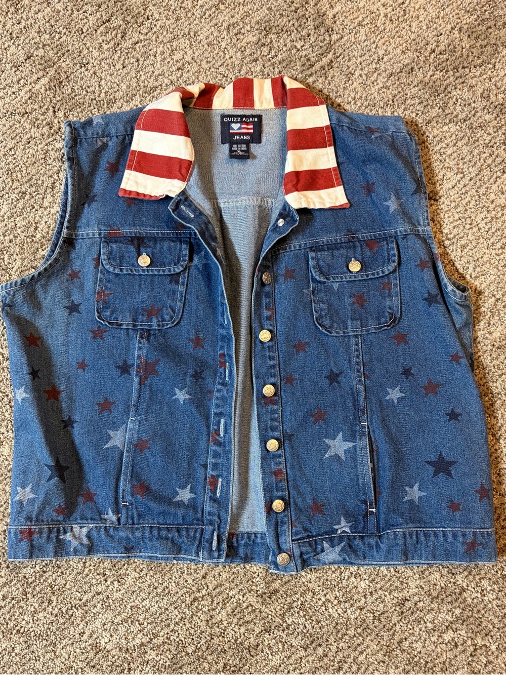 Quizzy Again Star-Print Denim Vest with Red & Blue Accent Collar